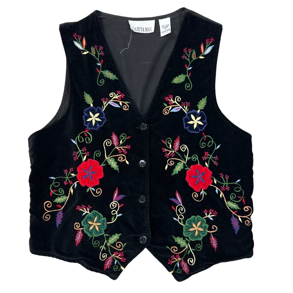Casey & Max Men's Vintage Black Velvet Embroidered Floral Button Front Vest Sz M